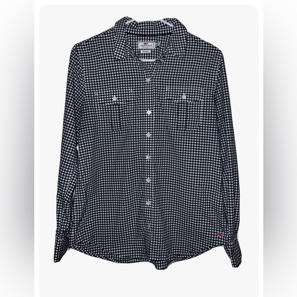 VINEYARD VINES W’s 6 L/S Navy Checked Performance Relaxed Button Up Shirt EUC